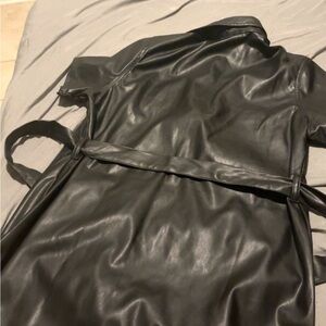Black Faux Leather Trench Coat with Belt